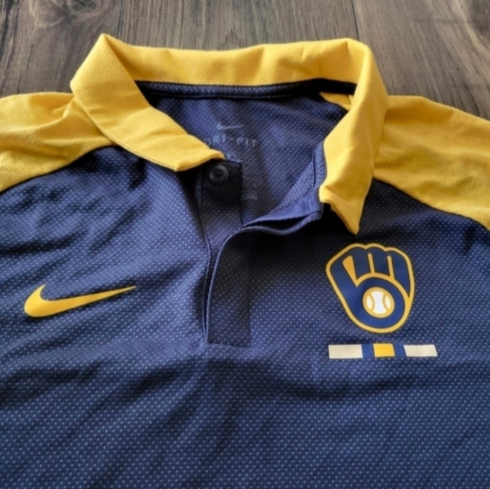 Nike MLB Milwaukee Brewers Blue and Yellow Golf Polo Men Large NWT 102025 - Picture 7 of 9